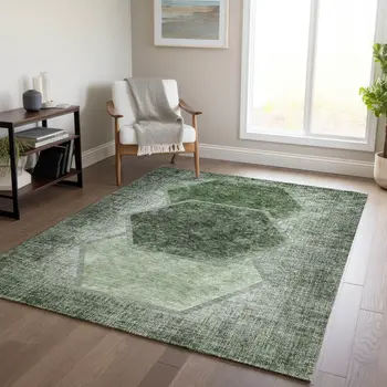9' X 12' Olive Green And Artichoke Green Geometric Washable Indoor Outdoor Area Rug
