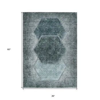 3' X 5' Teal Blue Aqua And Ivory Geometric Washable Indoor Outdoor Area Rug