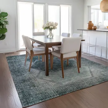 3' X 5' Teal Blue Aqua And Ivory Geometric Washable Indoor Outdoor Area Rug