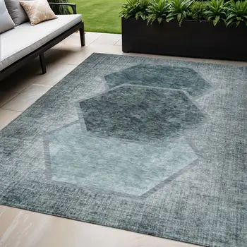 5' X 8' Teal Blue Aqua And Ivory Geometric Washable Indoor Outdoor Area Rug