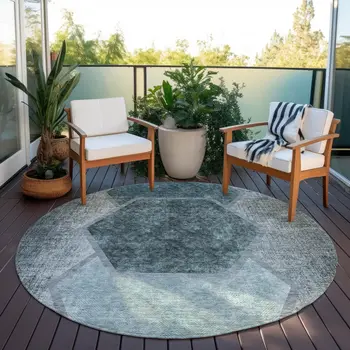 8' Teal Blue Aqua And Ivory Round Geometric Washable Indoor Outdoor Area Rug