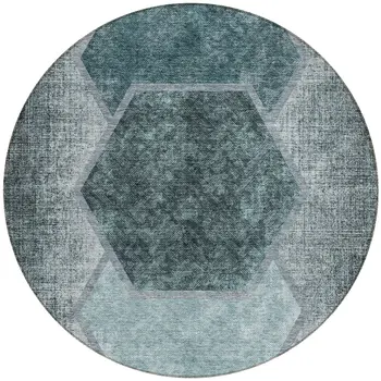 8' Teal Blue Aqua And Ivory Round Geometric Washable Indoor Outdoor Area Rug