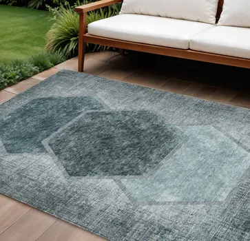 9' X 12' Teal Blue Aqua And Ivory Geometric Washable Indoor Outdoor Area Rug