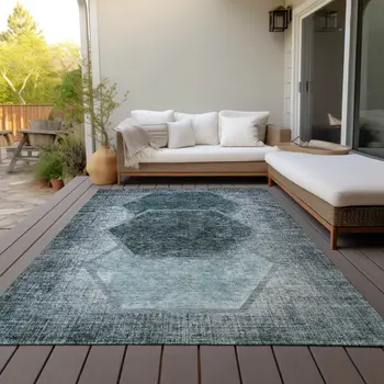 10' X 14' Teal Blue Aqua And Ivory Geometric Washable Indoor Outdoor Area Rug