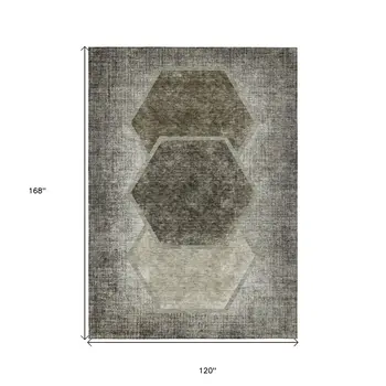 10' X 14' Taupe Beige And Chocolate Geometric Washable Indoor Outdoor Area Rug