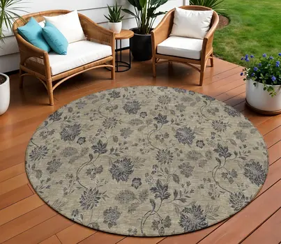 8' Brown Beige And Chocolate Round Floral Washable Indoor Outdoor Area Rug
