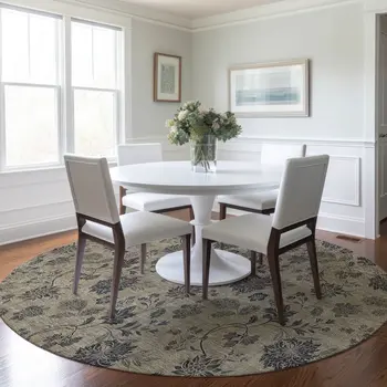 8' Brown Beige And Chocolate Round Floral Washable Indoor Outdoor Area Rug