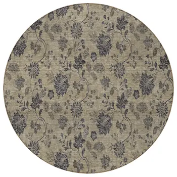 8' Brown Beige And Chocolate Round Floral Washable Indoor Outdoor Area Rug