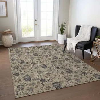 8' X 10' Brown Beige And Chocolate Floral Washable Indoor Outdoor Area Rug