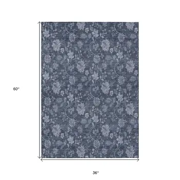 3' X 5' Denim Blue And Navy Blue Floral Washable Indoor Outdoor Area Rug