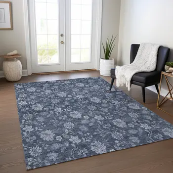 3' X 5' Denim Blue And Navy Blue Floral Washable Indoor Outdoor Area Rug