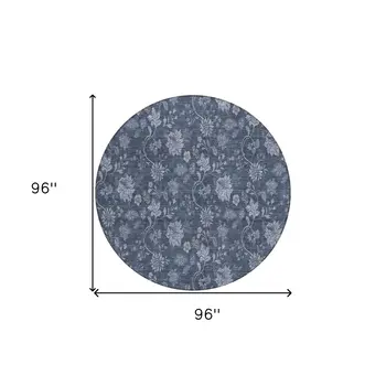 8' Denim Blue And Navy Blue Round Floral Washable Indoor Outdoor Area Rug