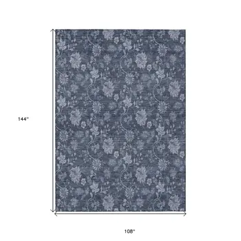 9' X 12' Denim Blue And Navy Blue Floral Washable Indoor Outdoor Area Rug