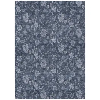 9' X 12' Denim Blue And Navy Blue Floral Washable Indoor Outdoor Area Rug