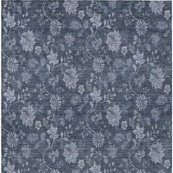10' X 14' Denim Blue And Navy Blue Floral Washable Indoor Outdoor Area Rug
