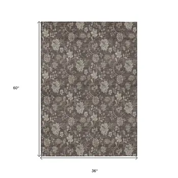 3' X 5' Chocolate Beige And Taupe Floral Washable Indoor Outdoor Area Rug
