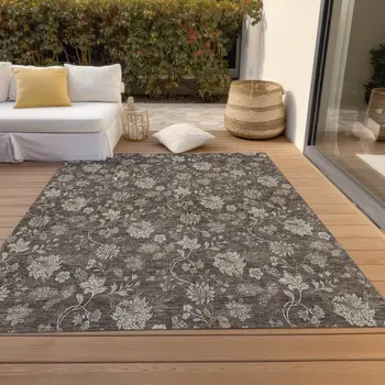5' X 8' Chocolate Beige And Taupe Floral Washable Indoor Outdoor Area Rug