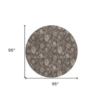 8' Chocolate Beige And Taupe Round Floral Washable Indoor Outdoor Area Rug