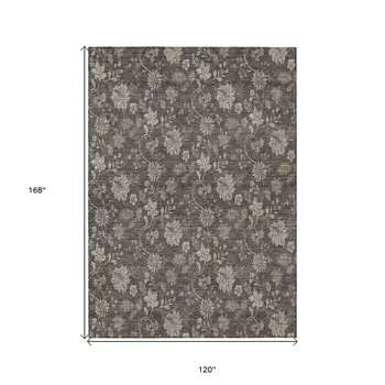 10' X 14' Chocolate Beige And Taupe Floral Washable Indoor Outdoor Area Rug