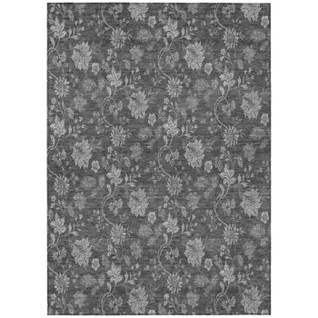 3' X 5' Gray Charcoal And Silver Floral Washable Indoor Outdoor Area Rug