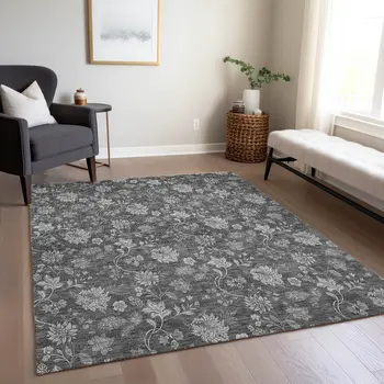 5' X 8' Gray Charcoal And Silver Floral Washable Indoor Outdoor Area Rug