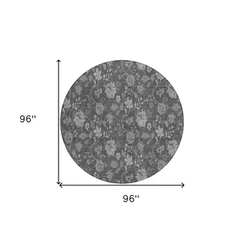 8' Gray Charcoal And Silver Round Floral Washable Indoor Outdoor Area Rug
