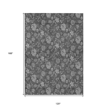 10' X 14' Gray Charcoal And Silver Floral Washable Indoor Outdoor Area Rug