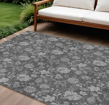 10' X 14' Gray Charcoal And Silver Floral Washable Indoor Outdoor Area Rug