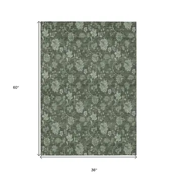 3' X 5' Olive Green And Artichoke Green Floral Washable Indoor Outdoor Area Rug