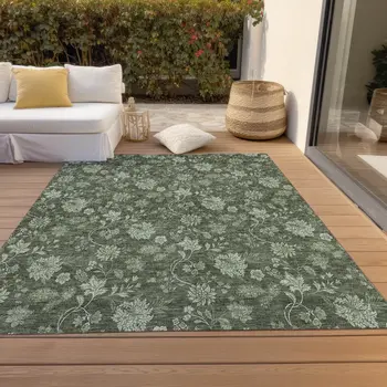 3' X 5' Olive Green And Artichoke Green Floral Washable Indoor Outdoor Area Rug