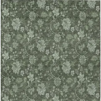 5' X 8' Olive Green And Artichoke Green Floral Washable Indoor Outdoor Area Rug