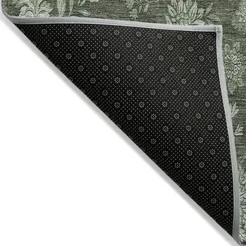 5' X 8' Olive Green And Artichoke Green Floral Washable Indoor Outdoor Area Rug