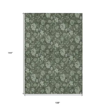 9' X 12' Olive Green And Artichoke Green Floral Washable Indoor Outdoor Area Rug