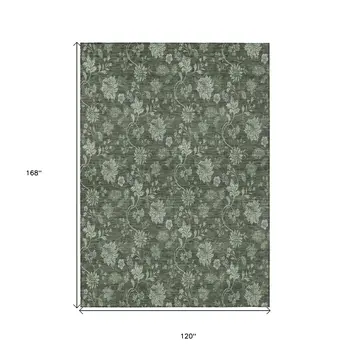 10' X 14' Olive Green And Artichoke Green Floral Washable Indoor Outdoor Area Rug