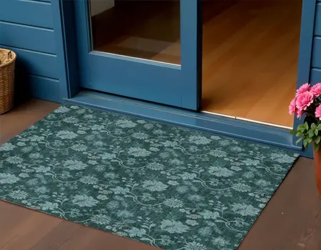 3' X 5' Teal Blue And Aqua Floral Washable Indoor Outdoor Area Rug