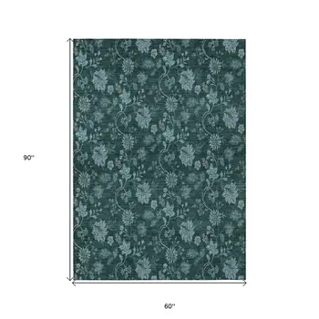 5' X 8' Teal Blue And Aqua Floral Washable Indoor Outdoor Area Rug