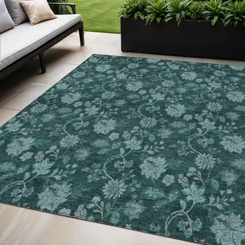 5' X 8' Teal Blue And Aqua Floral Washable Indoor Outdoor Area Rug