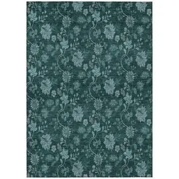 5' X 8' Teal Blue And Aqua Floral Washable Indoor Outdoor Area Rug