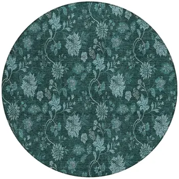 8' Teal Blue And Aqua Round Floral Washable Indoor Outdoor Area Rug