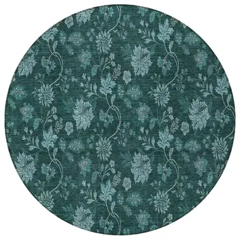 8' Teal Blue And Aqua Round Floral Washable Indoor Outdoor Area Rug