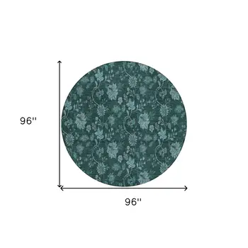 8' Teal Blue And Aqua Round Floral Washable Indoor Outdoor Area Rug