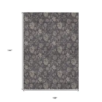 9' X 12' Taupe And Beige Floral Washable Indoor Outdoor Area Rug