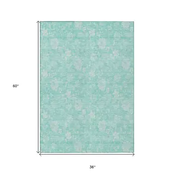 3' X 5' Aqua And Ivory Floral Washable Indoor Outdoor Area Rug