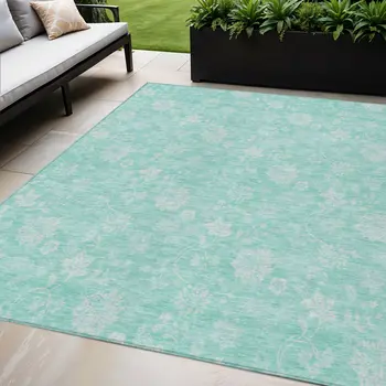 5' X 8' Aqua And Ivory Floral Washable Indoor Outdoor Area Rug