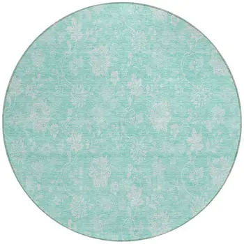 8' Aqua And Ivory Round Floral Washable Indoor Outdoor Area Rug