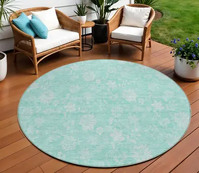 8' Aqua And Ivory Round Floral Washable Indoor Outdoor Area Rug