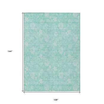 9' X 12' Aqua And Ivory Floral Washable Indoor Outdoor Area Rug