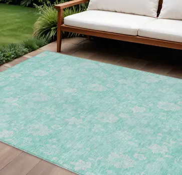 9' X 12' Aqua And Ivory Floral Washable Indoor Outdoor Area Rug