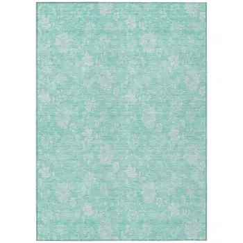 9' X 12' Aqua And Ivory Floral Washable Indoor Outdoor Area Rug