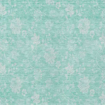 9' X 12' Aqua And Ivory Floral Washable Indoor Outdoor Area Rug